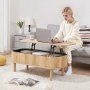 VEVOR 39.4 in Lift Top Coffee Table, Fluted Oval Coffee Table with 3 Hidden Compartment, Mid Century Wooden Oval Center Desk with Storage, Lift Up Tabletop for Home & Office, Easy Assembly, Burlywood