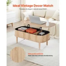VEVOR 1000mm Lift Top Coffee Table Fluted Oval Desk Hidden Compartment Burlywood