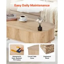 VEVOR 1000mm Lift Top Coffee Table Fluted Oval Desk Hidden Compartment Burlywood