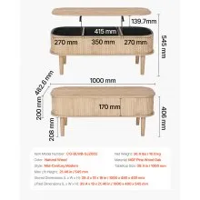 VEVOR 1000mm Lift Top Coffee Table Fluted Oval Desk Hidden Compartment Burlywood