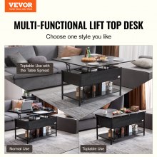 VEVOR Lift Top Coffee Table 39.4" Rectangle Coffee Table with Light & USB Black