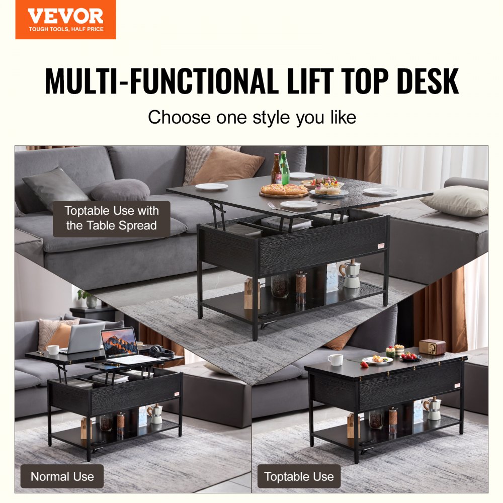 VEVOR Lift Top Coffee Table, 39.4 in Rectangle Coffee Table with Extra Storage Pockets, Flipable Coffee Table with Power Strip & USB & Ambient Lighting for Living Room, Black