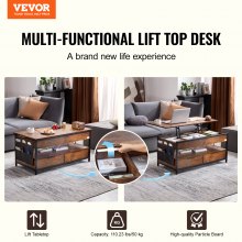 VEVOR Lift Up Coffee Table, 39.4 in Rectangle Coffee Table with Storage Drawers, Coffee Table with Charging Station & USB & LED Light, Hidden Compartments and Open Shelf for Living Room, Home, Office, Brown