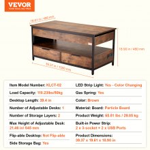 VEVOR Lift Up Coffee Table, 39.4 in Rectangle Coffee Table with Storage Drawers, Coffee Table with Charging Station & USB & LED Light, Hidden Compartments and Open Shelf for Living Room, Home, Office, Brown