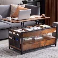 VEVOR Lift Up Coffee Table, 39.4 in Rectangle Coffee Table with Storage Drawers, Coffee Table with Charging Station & USB & LED Light, Hidden Compartments and Open Shelf for Living Room, Home, Office, Brown