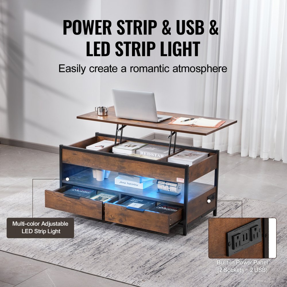 VEVOR Lift Top Coffee Table, 39.4 in Rectangle Coffee Table with Extra Storage Pockets, Pop Up Coffee Table with Power Strip & USB & Ambient Lighting for Living Room, Brown