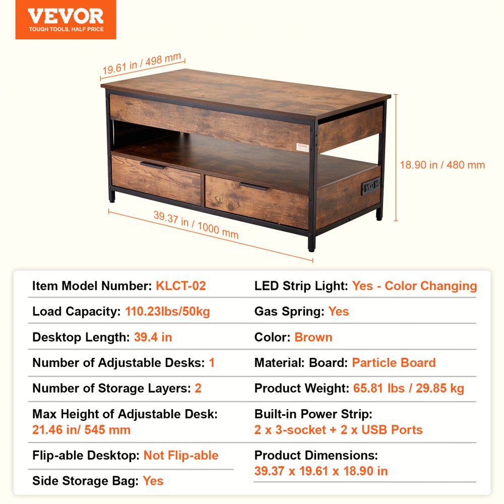 VEVOR Lift Top Coffee Table, 39.4 in Rectangle Coffee Table with Extra Storage Pockets, Pop Up Coffee Table with Power Strip & USB & Ambient Lighting for Living Room, Brown