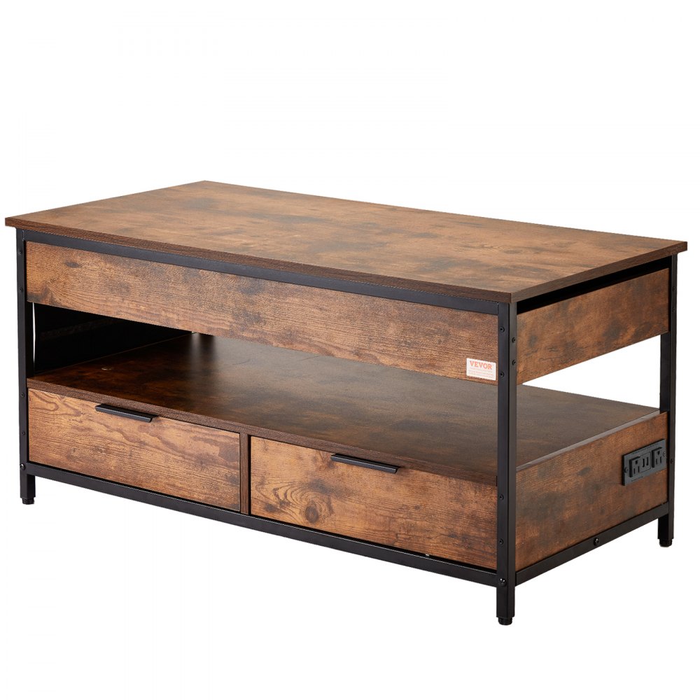 VEVOR Lift Top Coffee Table, 39.4 in Rectangle Coffee Table with Extra Storage Pockets, Pop Up Coffee Table with Power Strip & USB & Ambient Lighting for Living Room, Brown