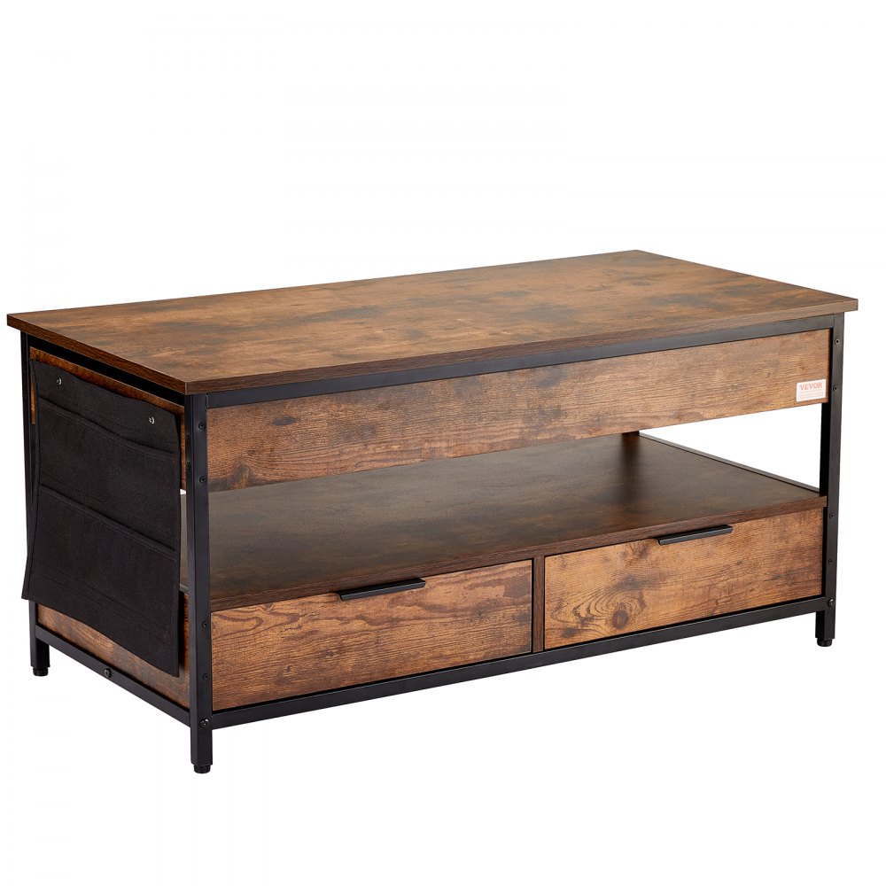 VEVOR Lift Top Coffee Table, 39.4 in Rectangle Coffee Table with Extra Storage Pockets, Pop Up Coffee Table with Power Strip & USB & Ambient Lighting for Living Room, Brown