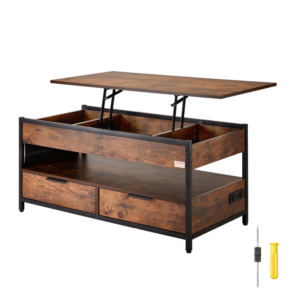 VEVOR Lift Top Coffee Table, 39.4 in Rectangle Coffee Table with Extra Storage Pockets, Pop Up Coffee Table with Power Strip & USB & Ambient Lighting for Living Room, Brown