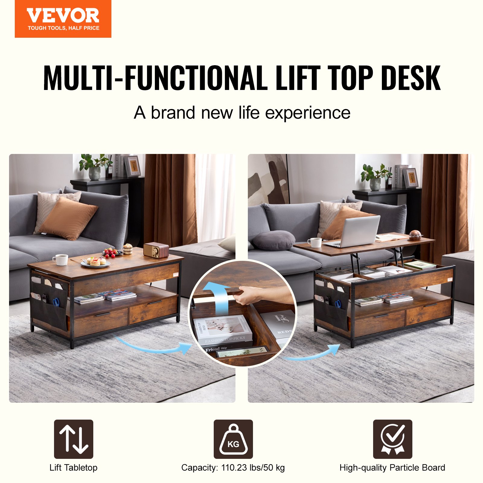 VEVOR Lift Top Coffee Table, 39.4 in Rectangle Coffee Table with Extra Storage Pockets, Pop Up Coffee Table with Power Strip & USB & Ambient Lighting for Living Room, Brown