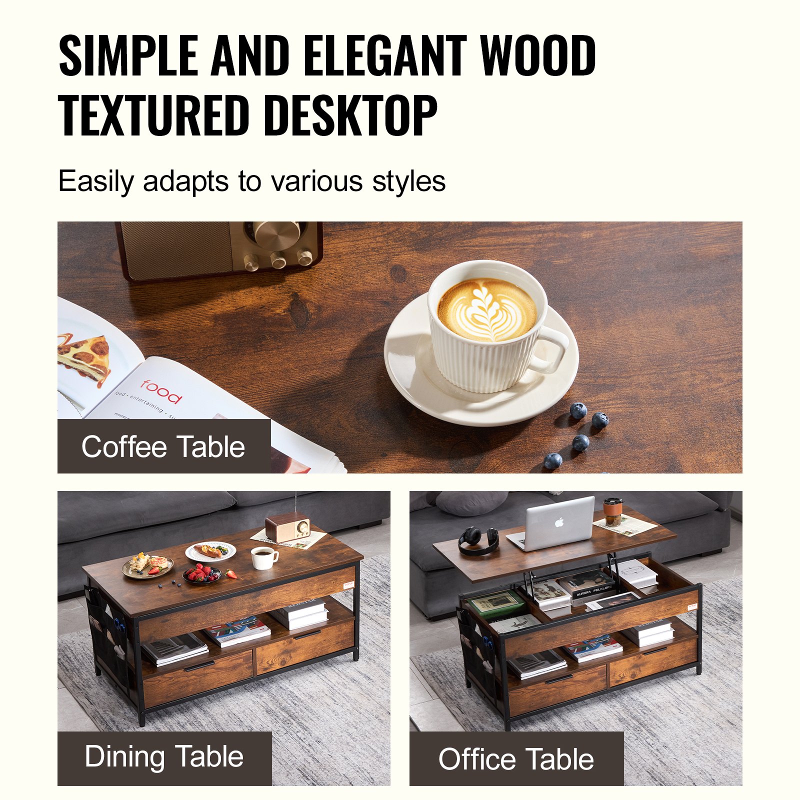 VEVOR Lift Top Coffee Table, 39.4 in Rectangle Coffee Table with Extra Storage Pockets, Pop Up Coffee Table with Power Strip & USB & Ambient Lighting for Living Room, Brown