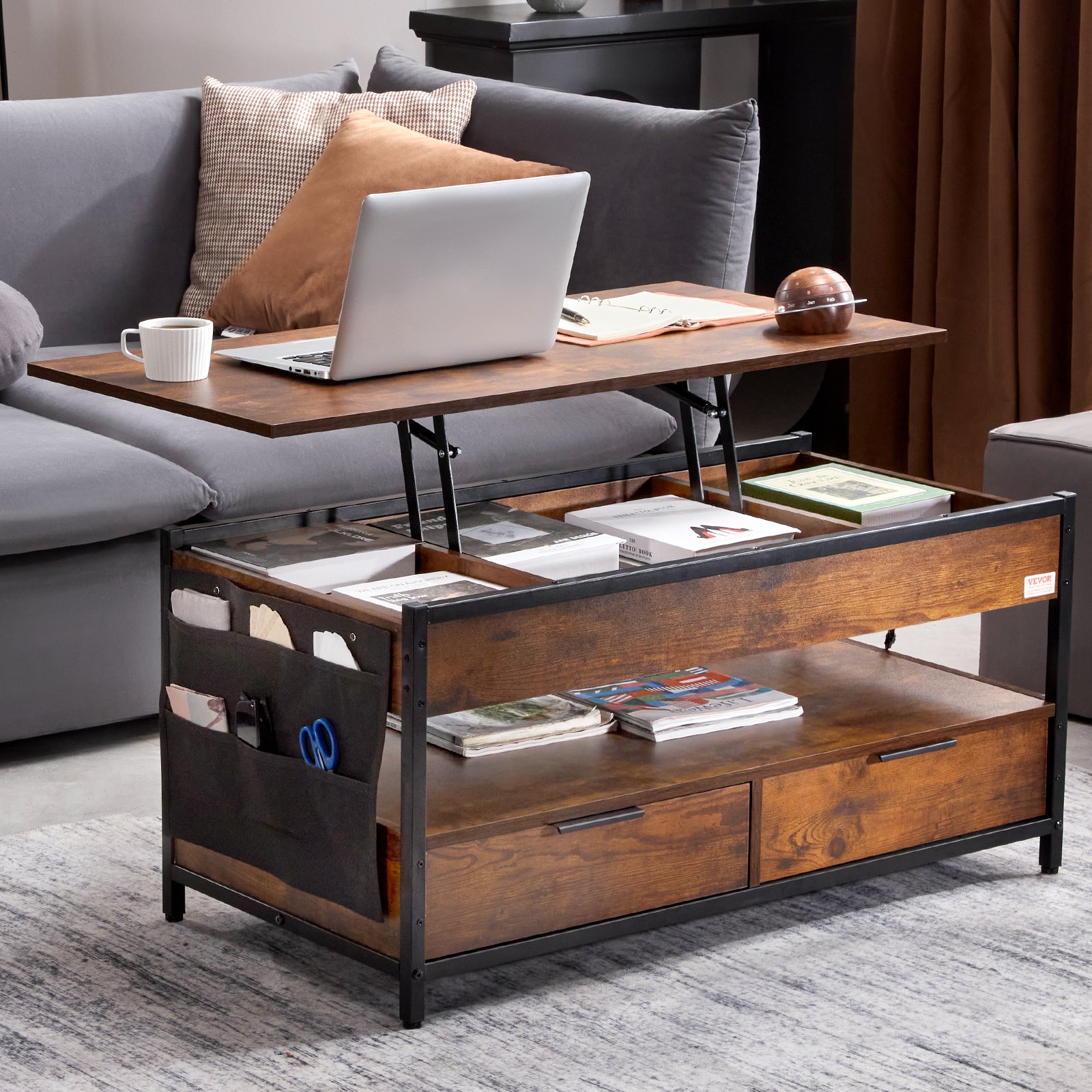 VEVOR Lift Top Coffee Table, 39.4 in Rectangle Coffee Table with Extra Storage Pockets, Pop Up Coffee Table with Power Strip & USB & Ambient Lighting for Living Room, Brown