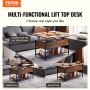 VEVOR Coffee Table, Lift Top Coffee Table with Fabric Storage Bag, Small Coffee Table with Charging Station & USB & LED Light, 4-in-1 Coffee Tables for Living Room & Office, Brown