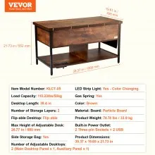 VEVOR Coffee Table, Lift Top Coffee Table with Fabric Storage Bag, Small Coffee Table with Charging Station & USB & LED Light, 4-in-1 Coffee Tables for Living Room & Office, Brown
