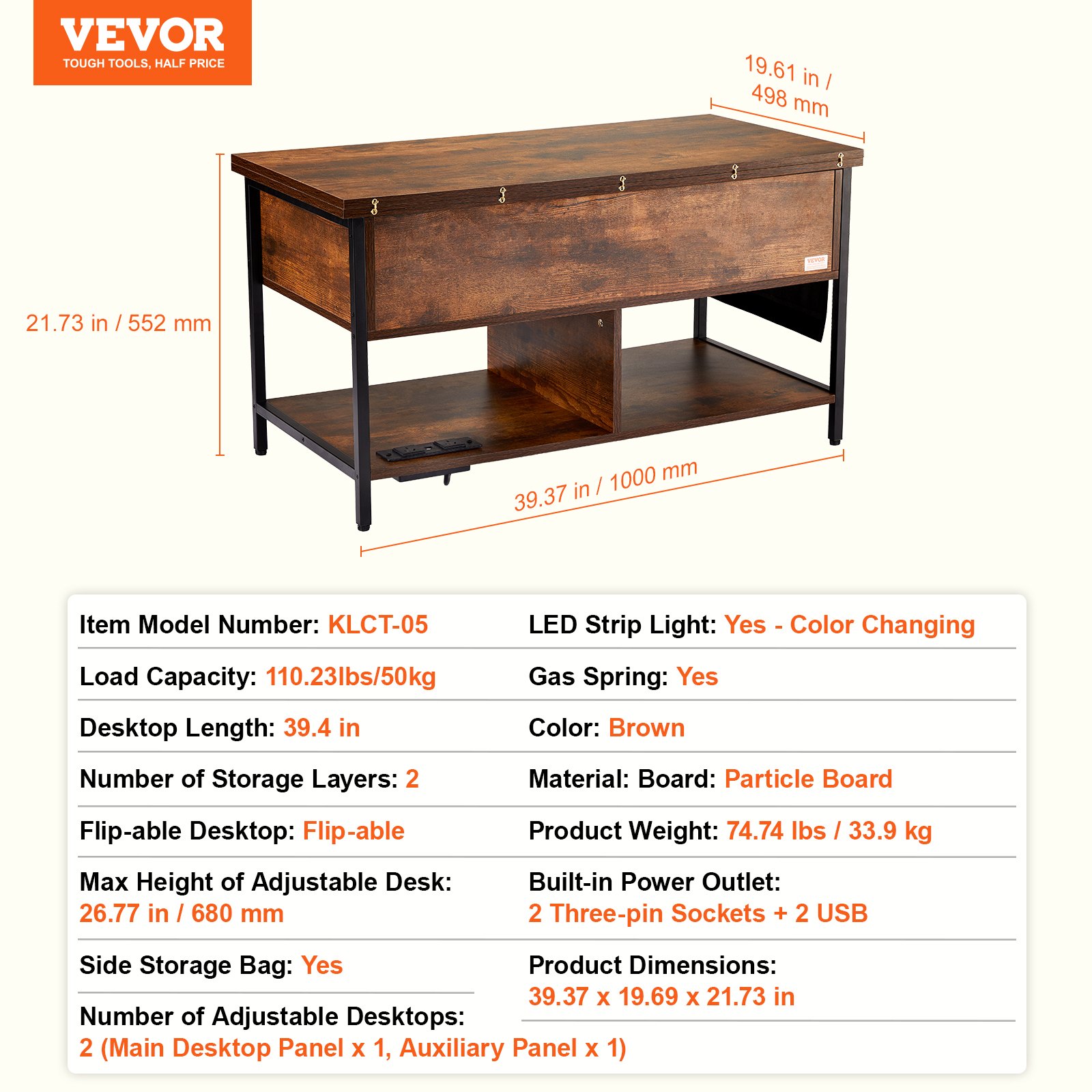 VEVOR Lift Top Coffee Table 39.4" Rectangle Coffee Table with Light & USB Brown