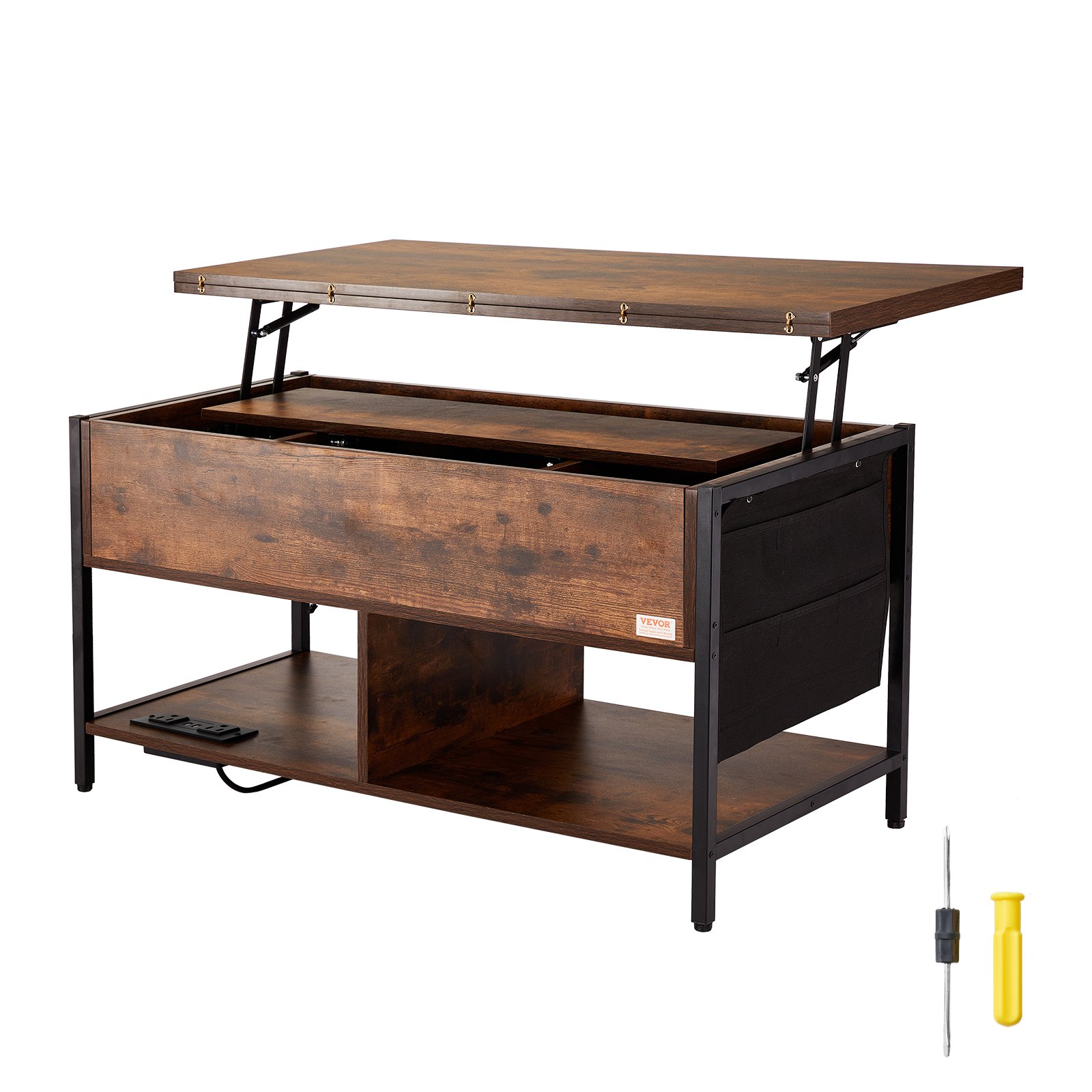 VEVOR Lift Top Coffee Table 39.4" Rectangle Coffee Table with Light & USB Brown