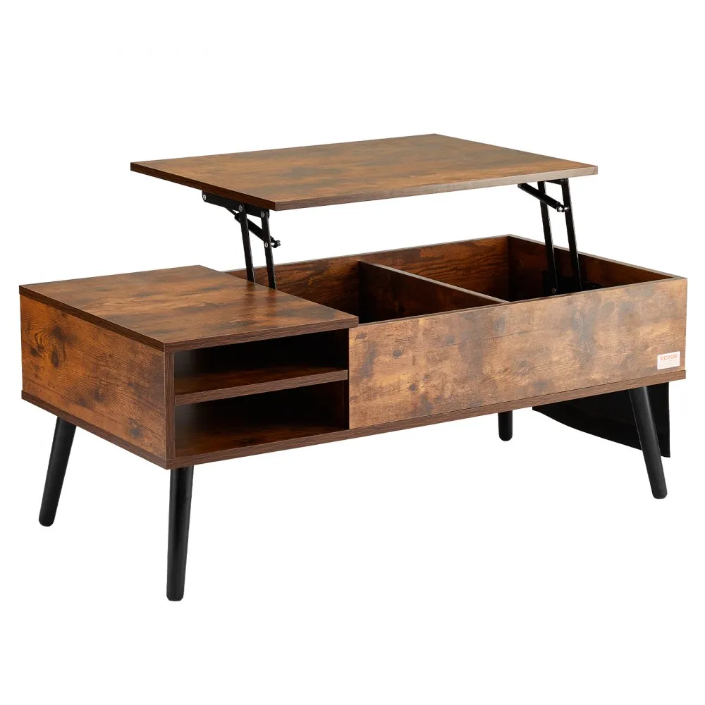 VEVOR Lift Top Coffee Table, 39.4 in Rectangle Coffee Table with Extra Storage Pockets, Pop Up Coffee Table for Living Room, Brown
