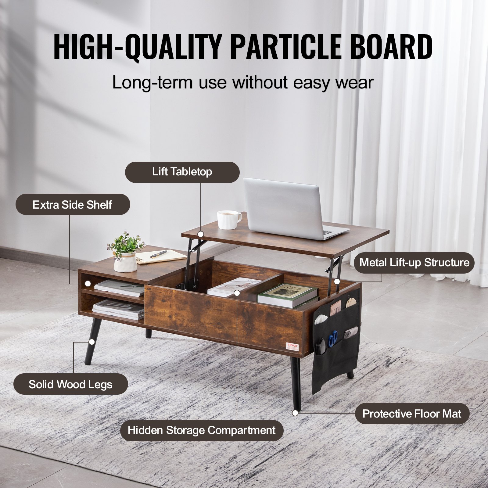 VEVOR Lift Top Coffee Table, 39.4 in Rectangle Coffee Table with Extra Storage Pockets, Pop Up Coffee Table for Living Room, Brown