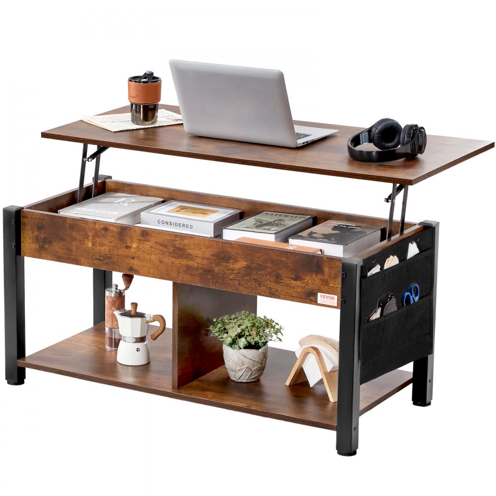 Table basse relevable VEVOR avec compartiments de rangement, livres, ordinateur portable, écouteurs et tasse à café.