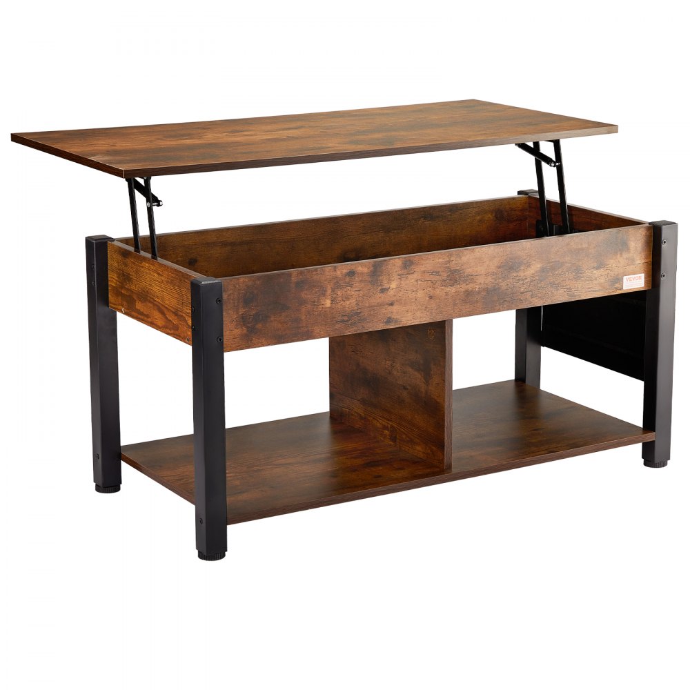 VEVOR lift top coffee table with hidden storage, rustic wood finish, and black metal legs.