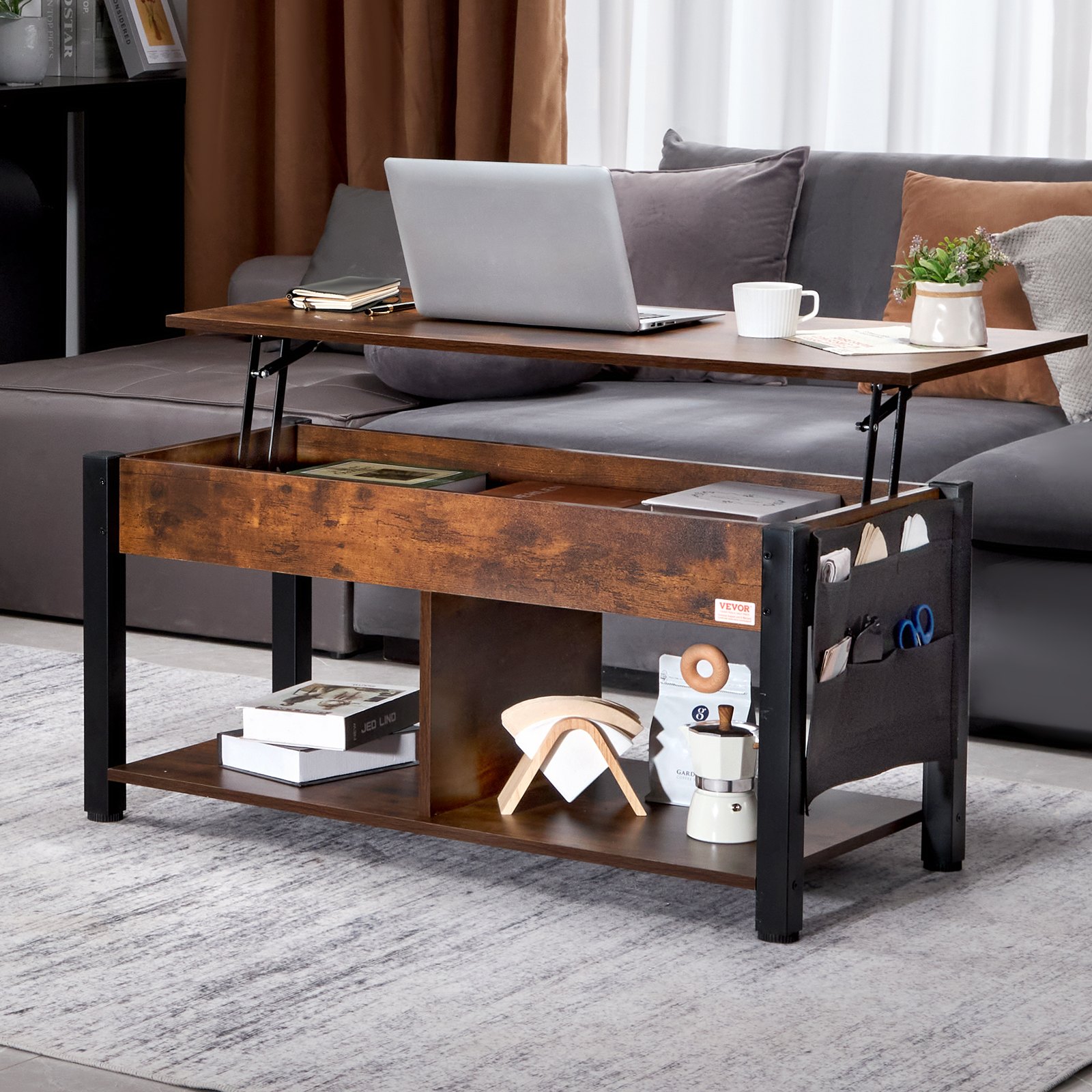 VEVOR lift top coffee table with shelves and side pockets, laptop and mug on wooden tabletop.
