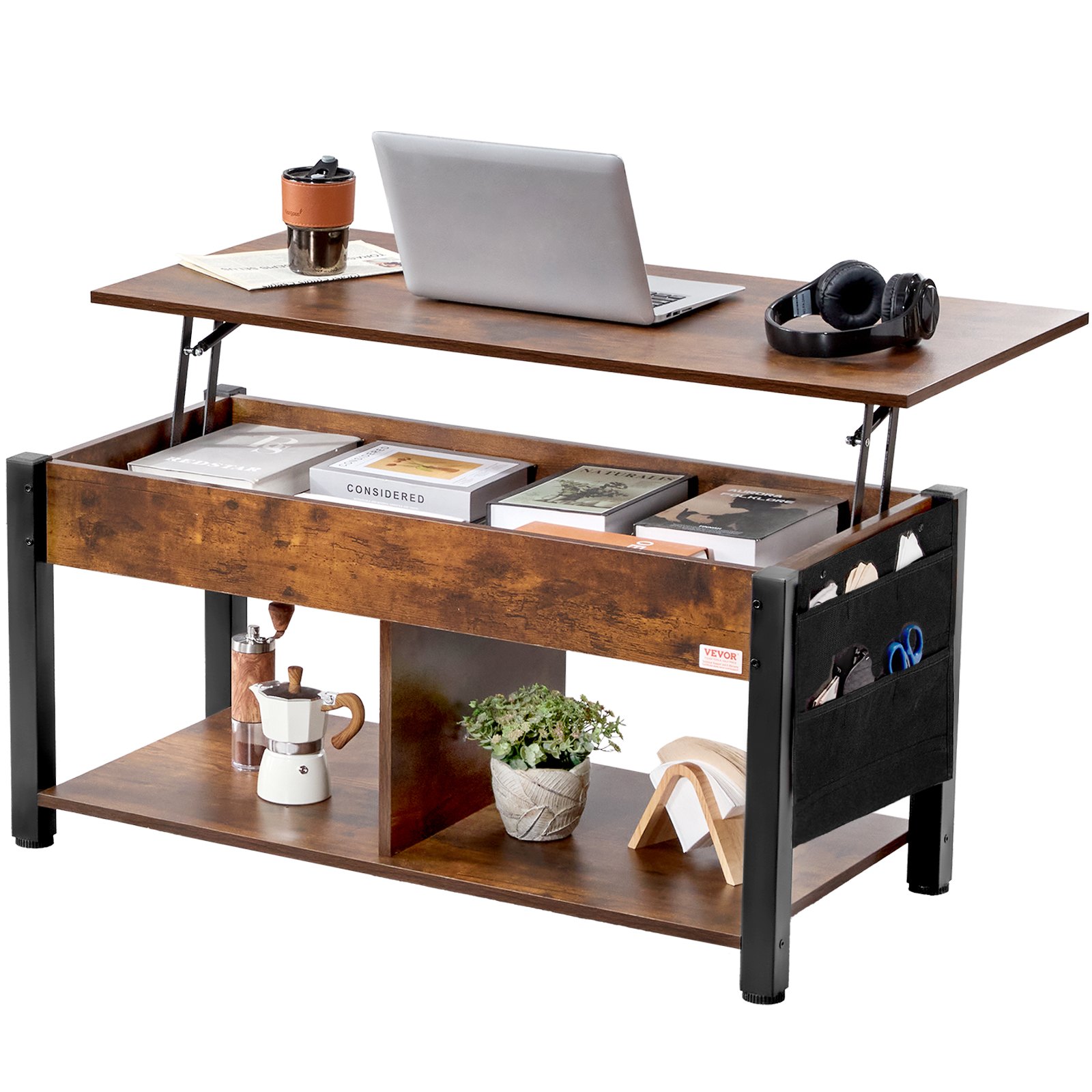 VEVOR lift top coffee table with storage compartments, books, a laptop, headphones, and a coffee mug.