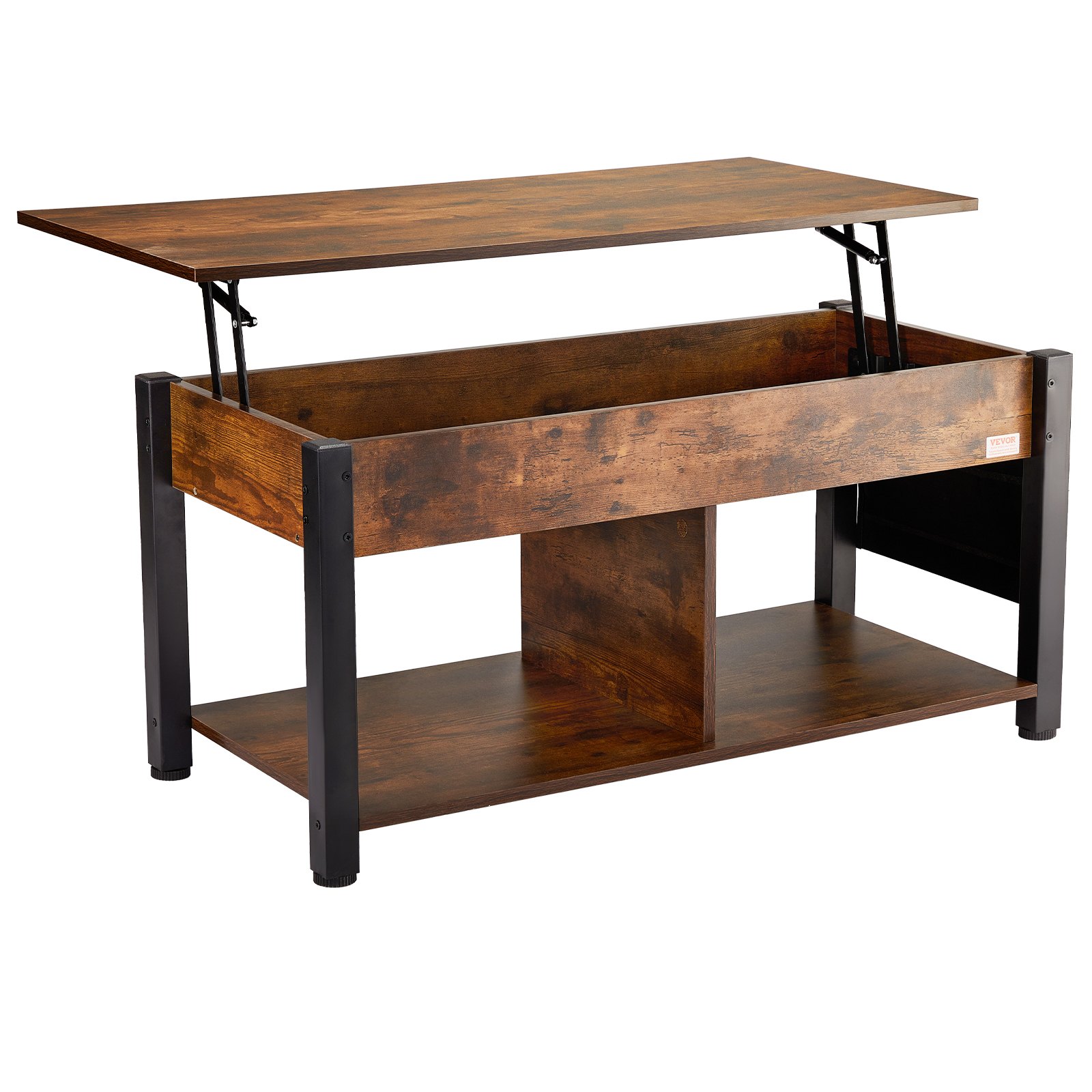 VEVOR lift top coffee table with hidden storage, rustic wood finish, and black metal legs.