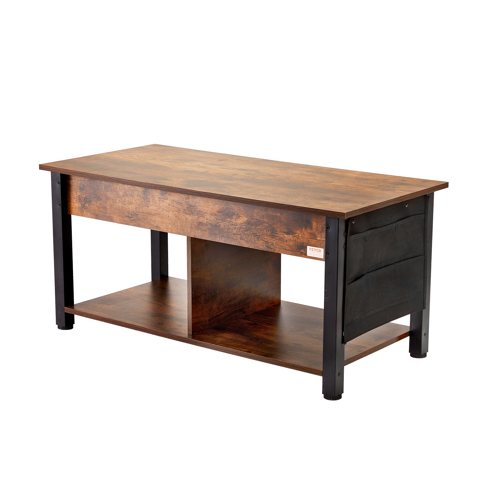 wooden VEVOR lift top coffee table with storage shelves, metal legs, and side pocket.