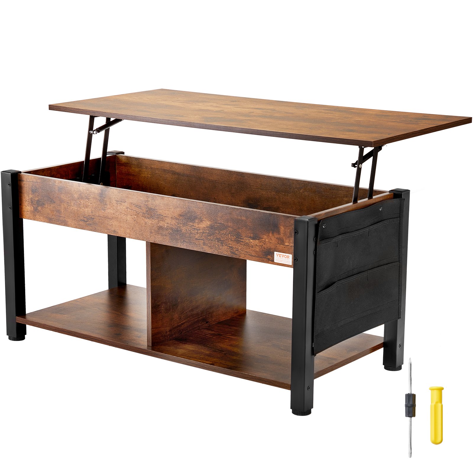 VEVOR lift top coffee table with storage shelf, side pouches, and included screwdriver set.
