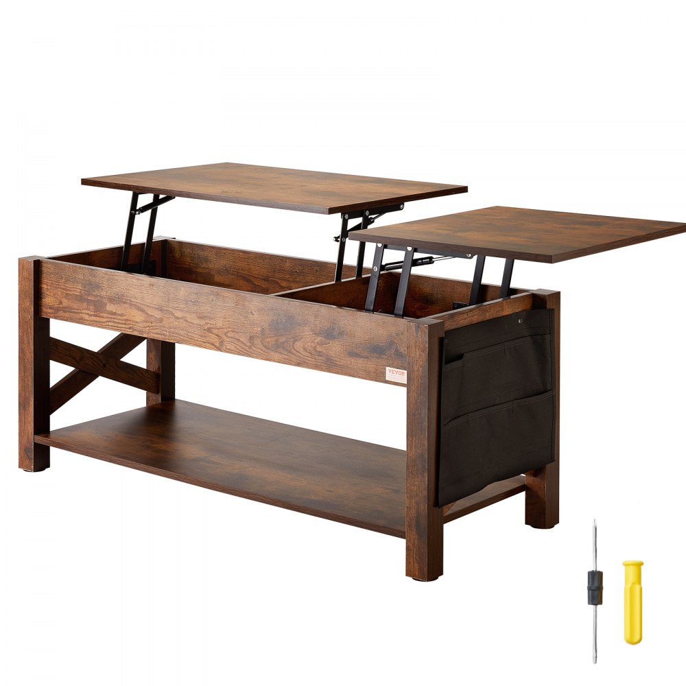 VEVOR Lift Top Coffee Table, 47.5 in Rectangle Coffee Table with Extra Storage Pockets, Pop Up Coffee Table for Living Room, Brown