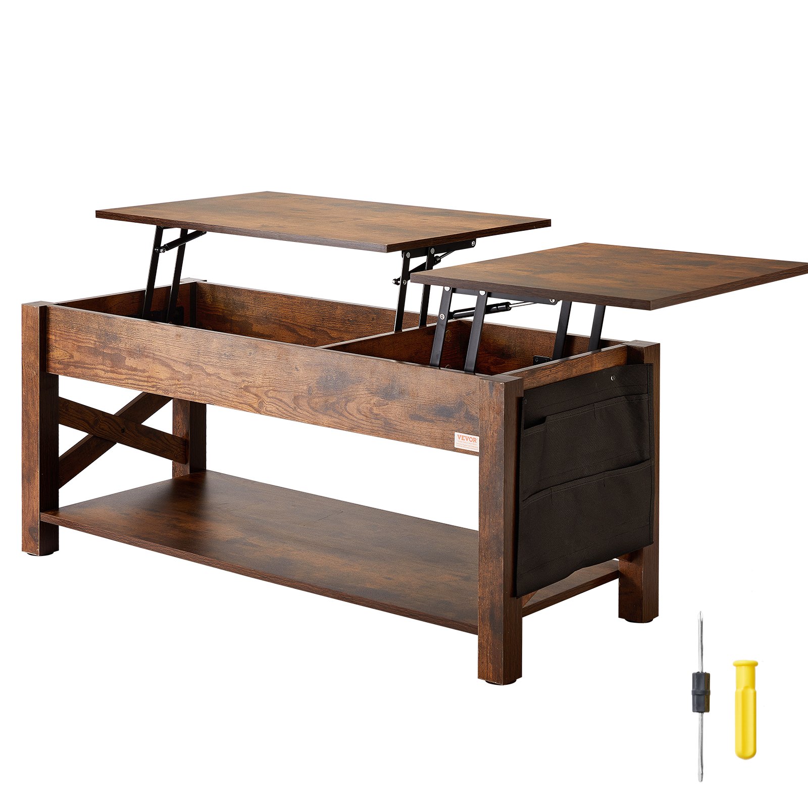 VEVOR Lift Top Coffee Table, 47.5 in Rectangle Coffee Table with Extra Storage Pockets, Pop Up Coffee Table for Living Room, Brown