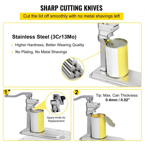 VEVOR Commercial Can Opener, 23.2"/59cm Long, Manual Table Can Opener for Up to 15.7"/40cm Tall, Fixed with Clamp or Screws, Ergonomic Swing Handle & One Spare Knife, for Restaurants, Stainless Steel