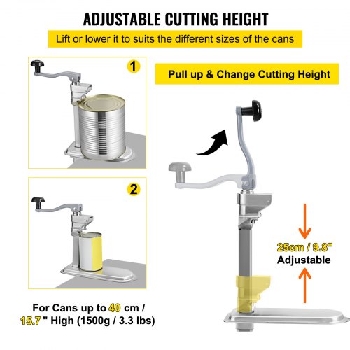 VEVOR Commercial Can Opener, 23.2"/59cm Long, Manual Table Can Opener for Up to 15.7"/40cm Tall, Fixed with Clamp or Screws, Ergonomic Swing Handle & One Spare Knife, for Restaurants, Stainless Steel