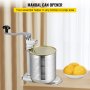VEVOR commercial can opener on a counter with a large tin can and a bowl of yellow fruits.