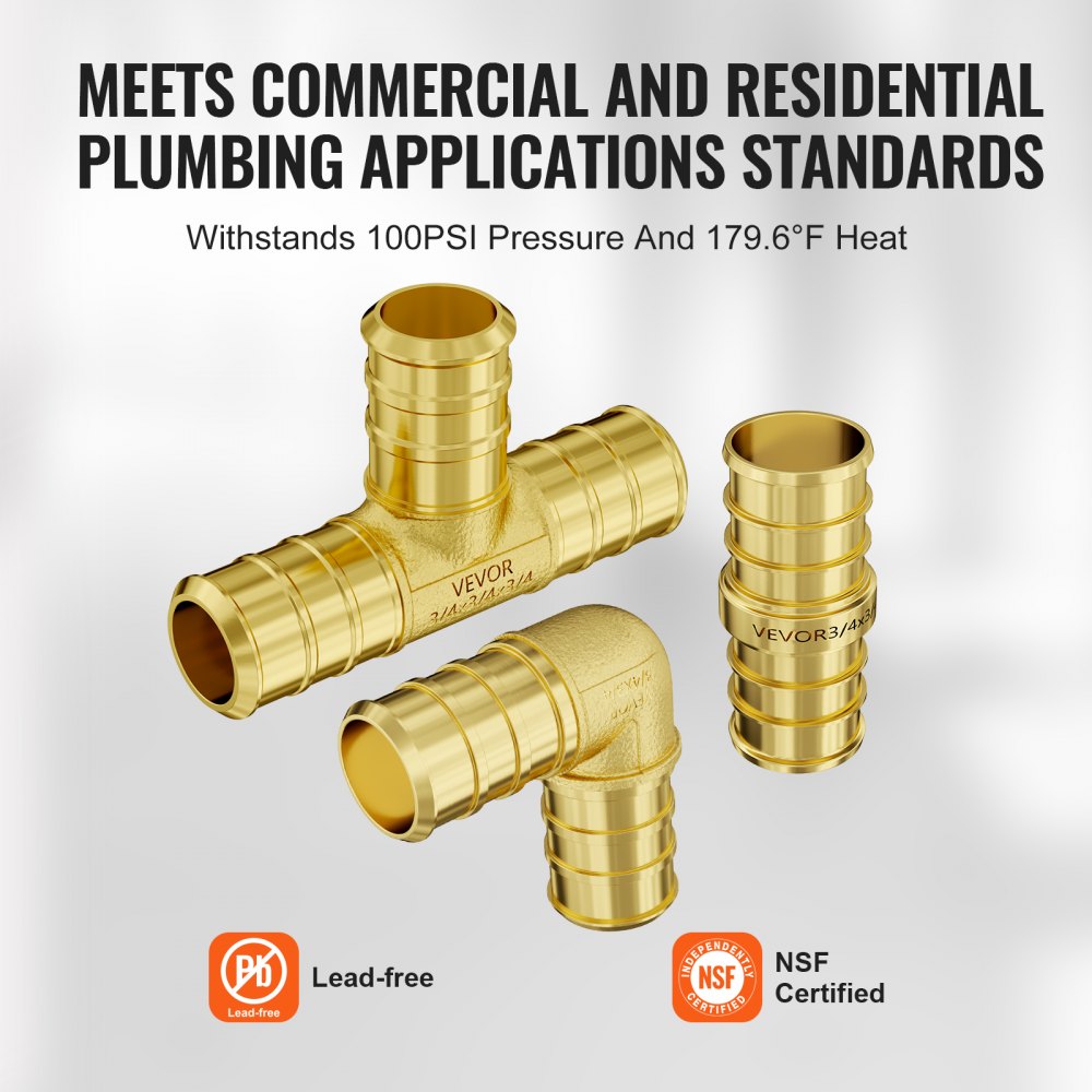 VEVOR Pipe Fittings, 3/4" 45PCS (15xStraight, 15xElbows, 15xTees) Brass Pipe Fittings, Push-Fit Pipe Connector Brass Air Fittings, Plumbing Fittings Adapter for Heating/Shower Systems, Water Pipes