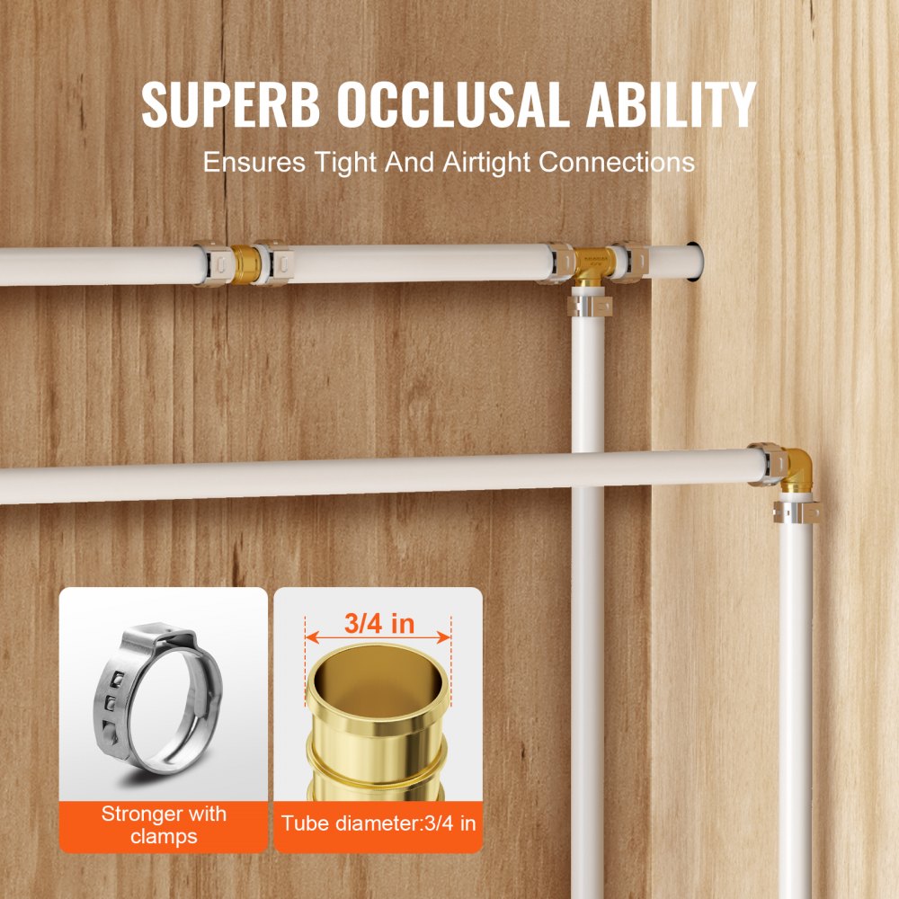 VEVOR Pipe Fittings, 3/4" 45PCS (15xStraight, 15xElbows, 15xTees) Brass Pipe Fittings, Push-Fit Pipe Connector Brass Air Fittings, Plumbing Fittings Adapter for Heating/Shower Systems, Water Pipes