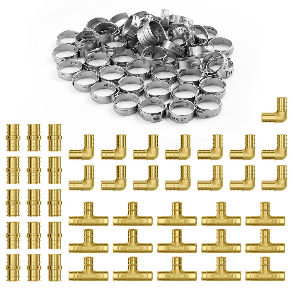 VEVOR Pipe Fittings, 3/4" 45PCS (15xStraight, 15xElbows, 15xTees) Brass Pipe Fittings, Push-Fit Pipe Connector Brass Air Fittings, Plumbing Fittings Adapter for Heating/Shower Systems, Water Pipes