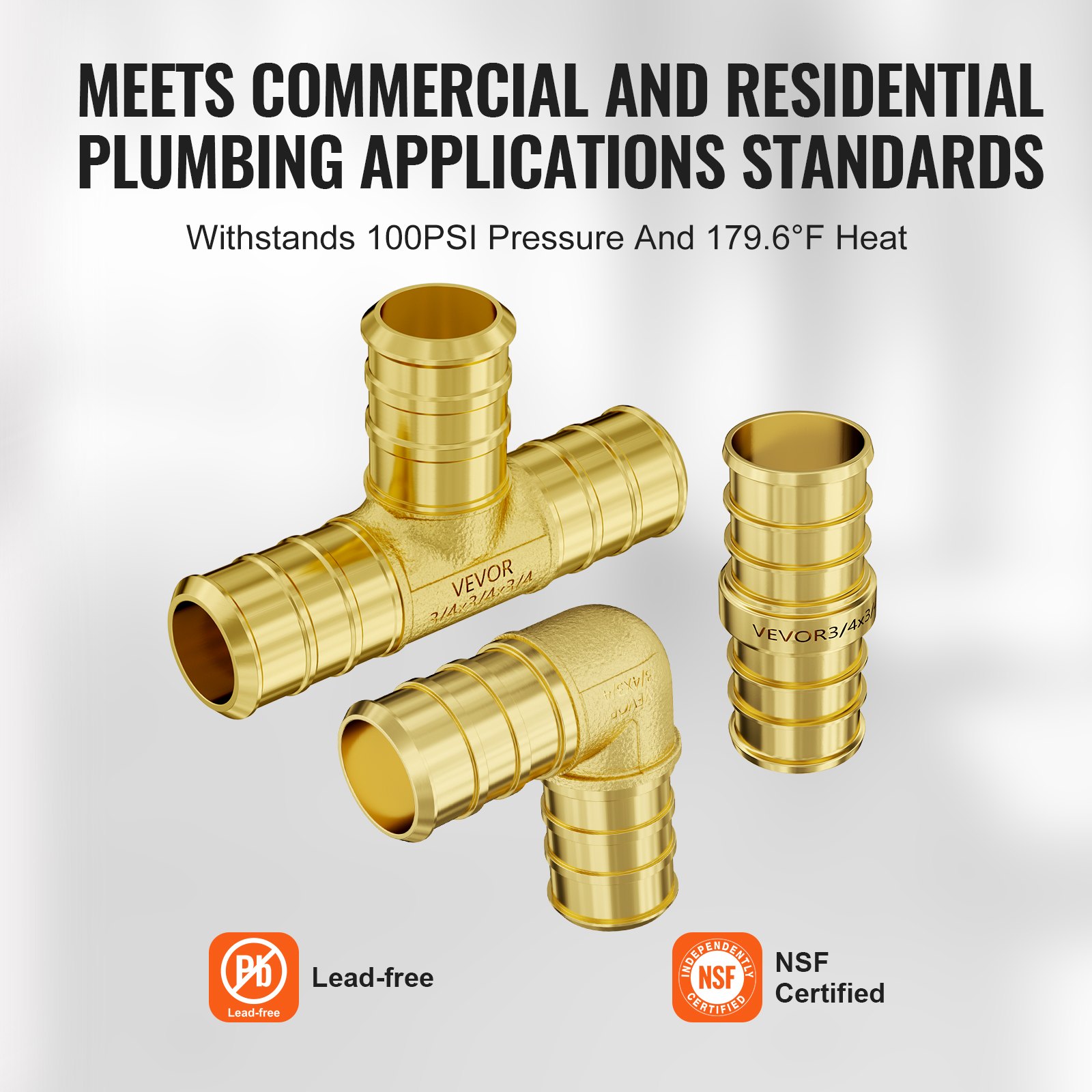VEVOR Pipe Fittings, 3/4" 45PCS (15xStraight, 15xElbows, 15xTees) Brass Pipe Fittings, Push-Fit Pipe Connector Brass Air Fittings, Plumbing Fittings Adapter for Heating/Shower Systems, Water Pipes
