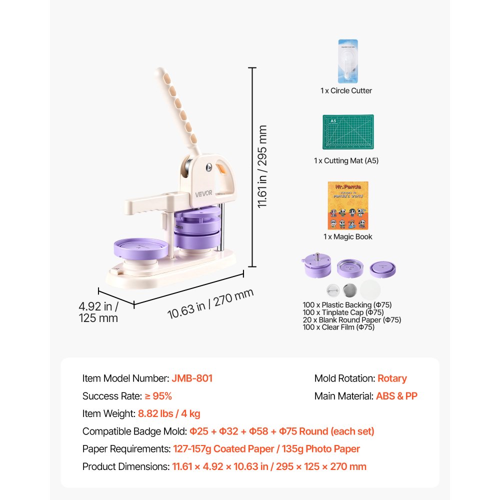 VEVOR Button Maker Machine, 3" / 75 mm, Quick-Change Plastic Pin Maker with 100pcs Button Parts, Circle Cutter and Magic Book, Reinforced Ergonomic Handle, for DIY Badges, Pins, Key Chains