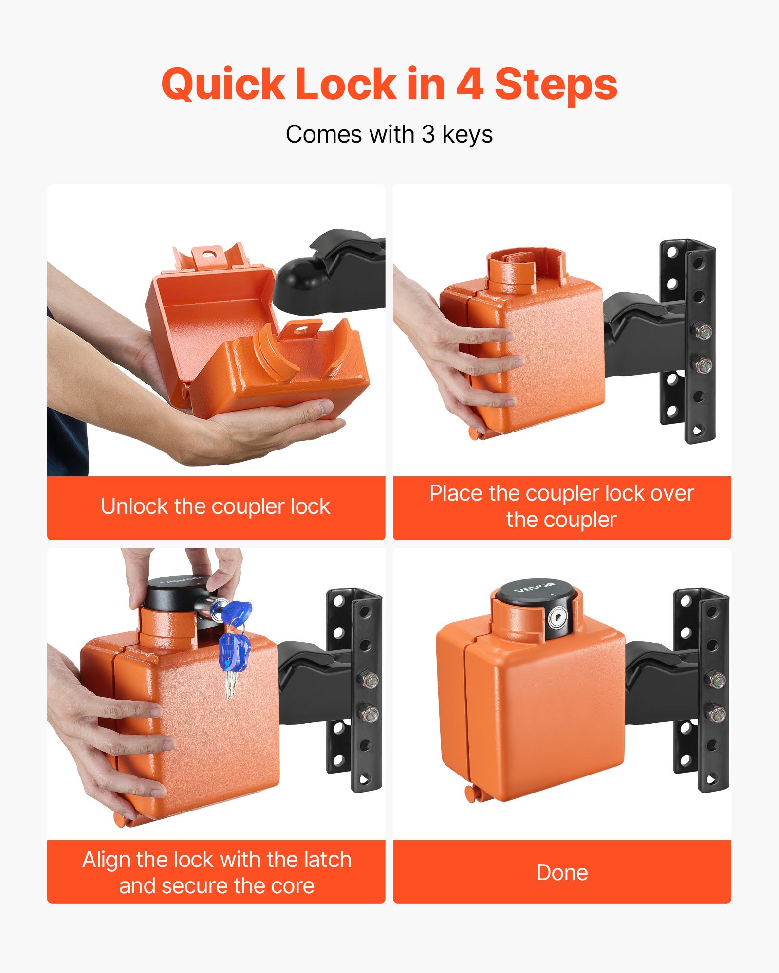 VEVOR Collar Coupler Lock, Fits 50.6 & 58.6 mm Demco Cast Head Couplers, Trailer Hitch Lock with 3 Keys Secures Security Chains, Rust-resistant, Anti-Theft RV Trailer Locks for RV, Trailer, Boat