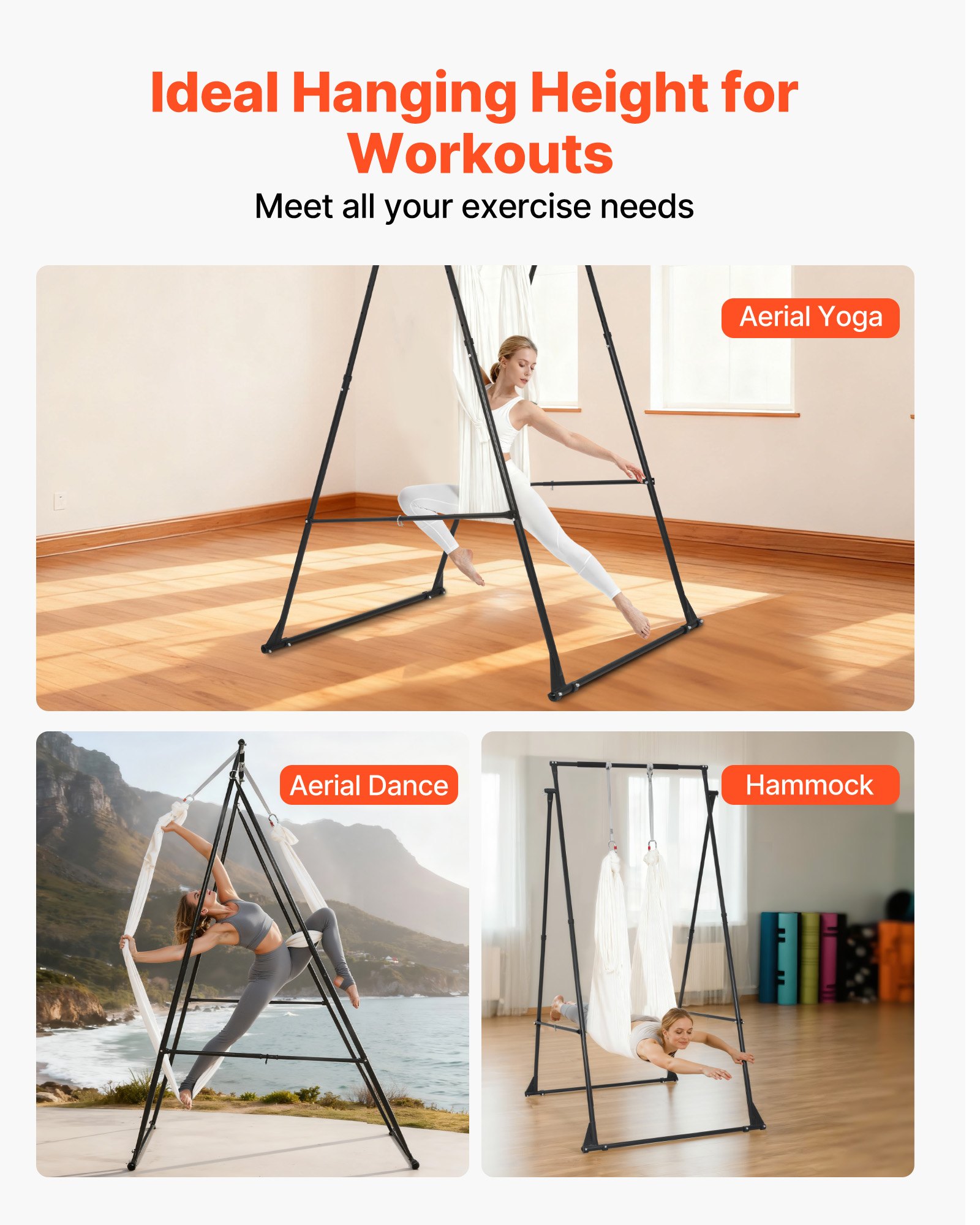 VEVOR Yoga Stand Frame, Max 200 kg Load Swing Stand, Triangular Structure Aerial Rig, Aerial Silk Stands with EVA Foam & 6m Yoga Hammock, 4-Level Horizontal & 6-Level Vertical Adjustment