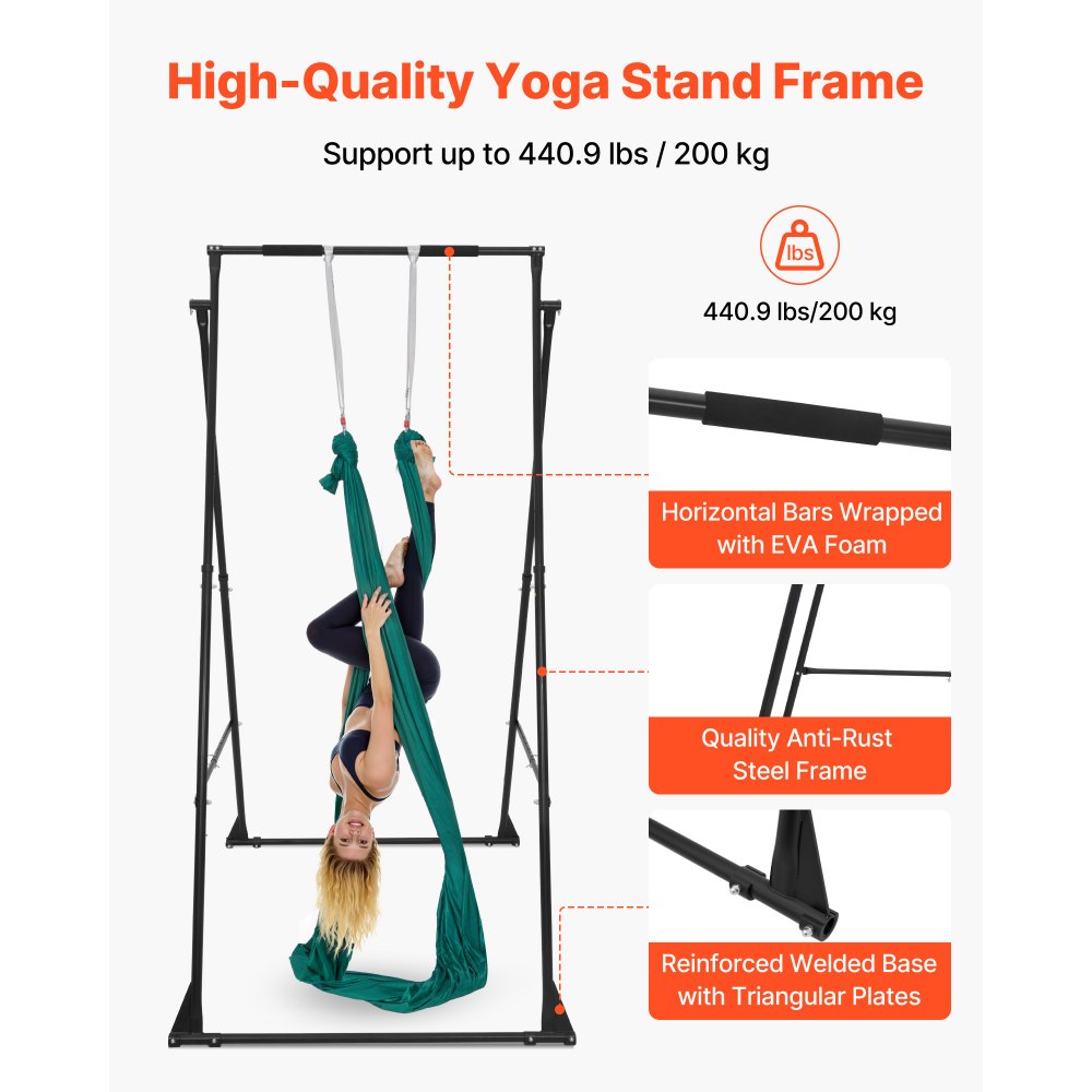 VEVOR Yoga Stand Frame, Max 200 kg Load Swing Stand, Triangular Structure Pull Up Stands, Aerial Silk Stands with EVA Foam & 6m Yoga Hammock, 4-Level Horizontal & 6-Level Vertical Adjustment