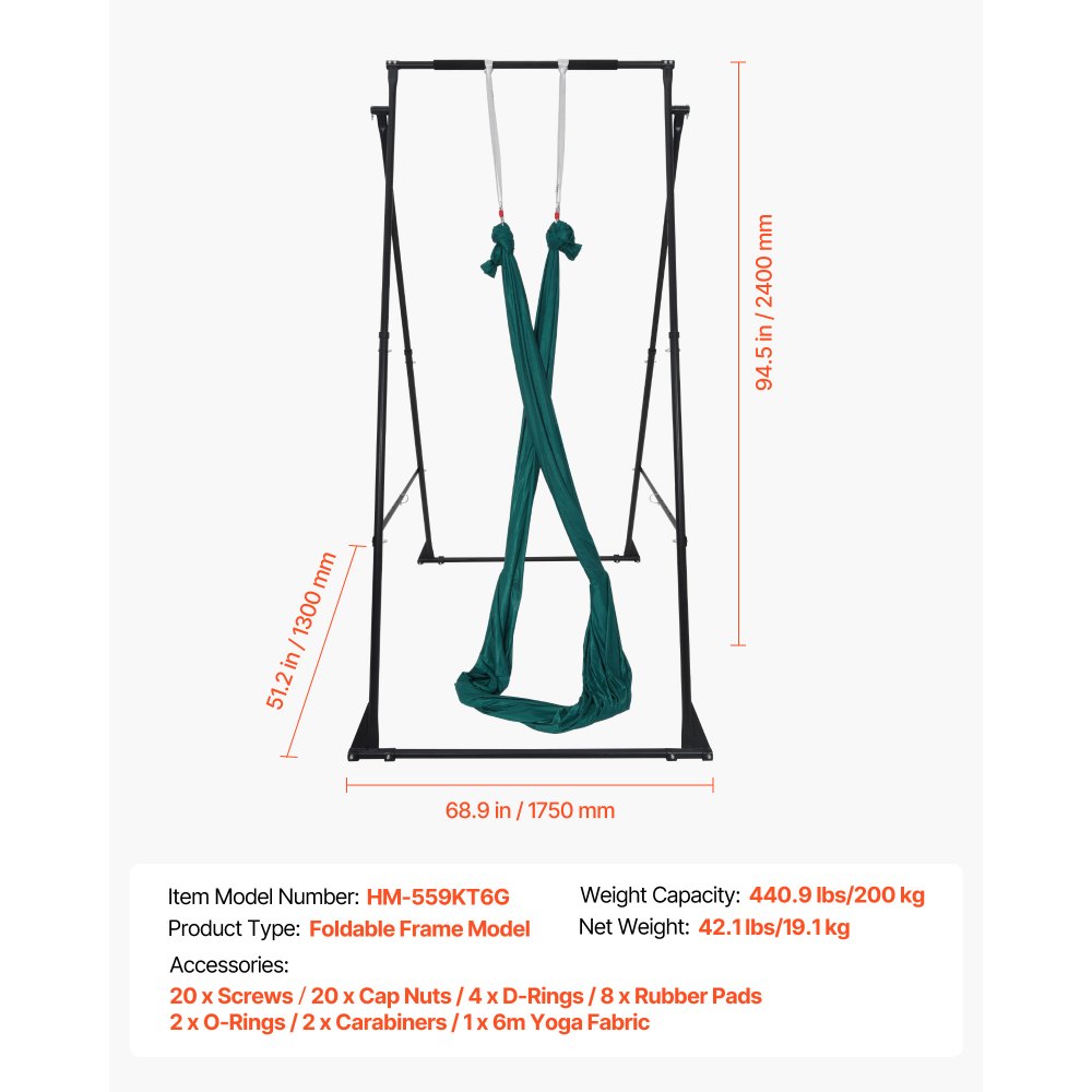 VEVOR Yoga Stand Frame, Max 200 kg Load Swing Stand, Triangular Structure Pull Up Stands, Aerial Silk Stands with EVA Foam & 6m Yoga Hammock, 4-Level Horizontal & 6-Level Vertical Adjustment