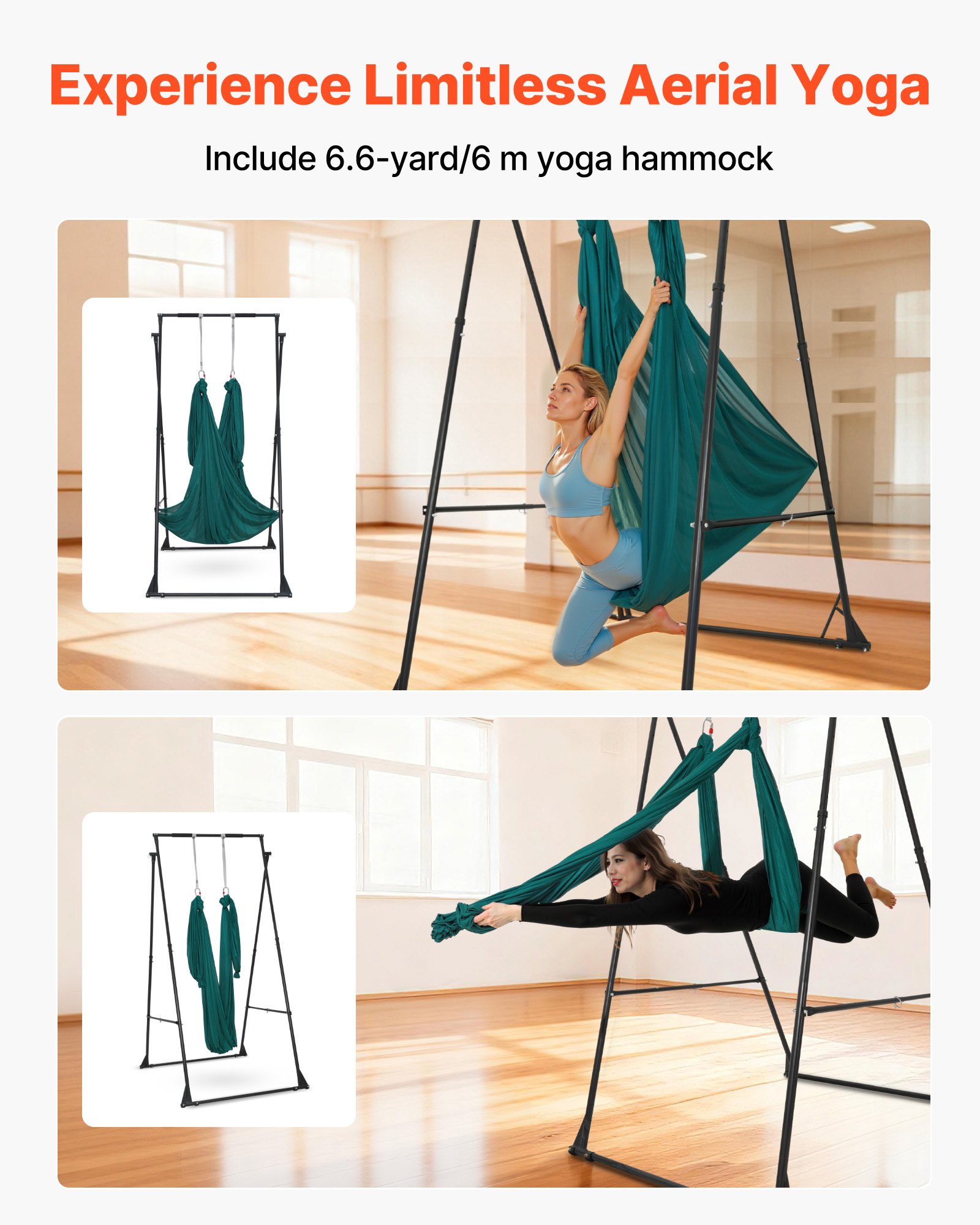 VEVOR Yoga Stand Frame, Max 200 kg Load Swing Stand, Triangular Structure Pull Up Stands, Aerial Silk Stands with EVA Foam & 6m Yoga Hammock, 4-Level Horizontal & 6-Level Vertical Adjustment