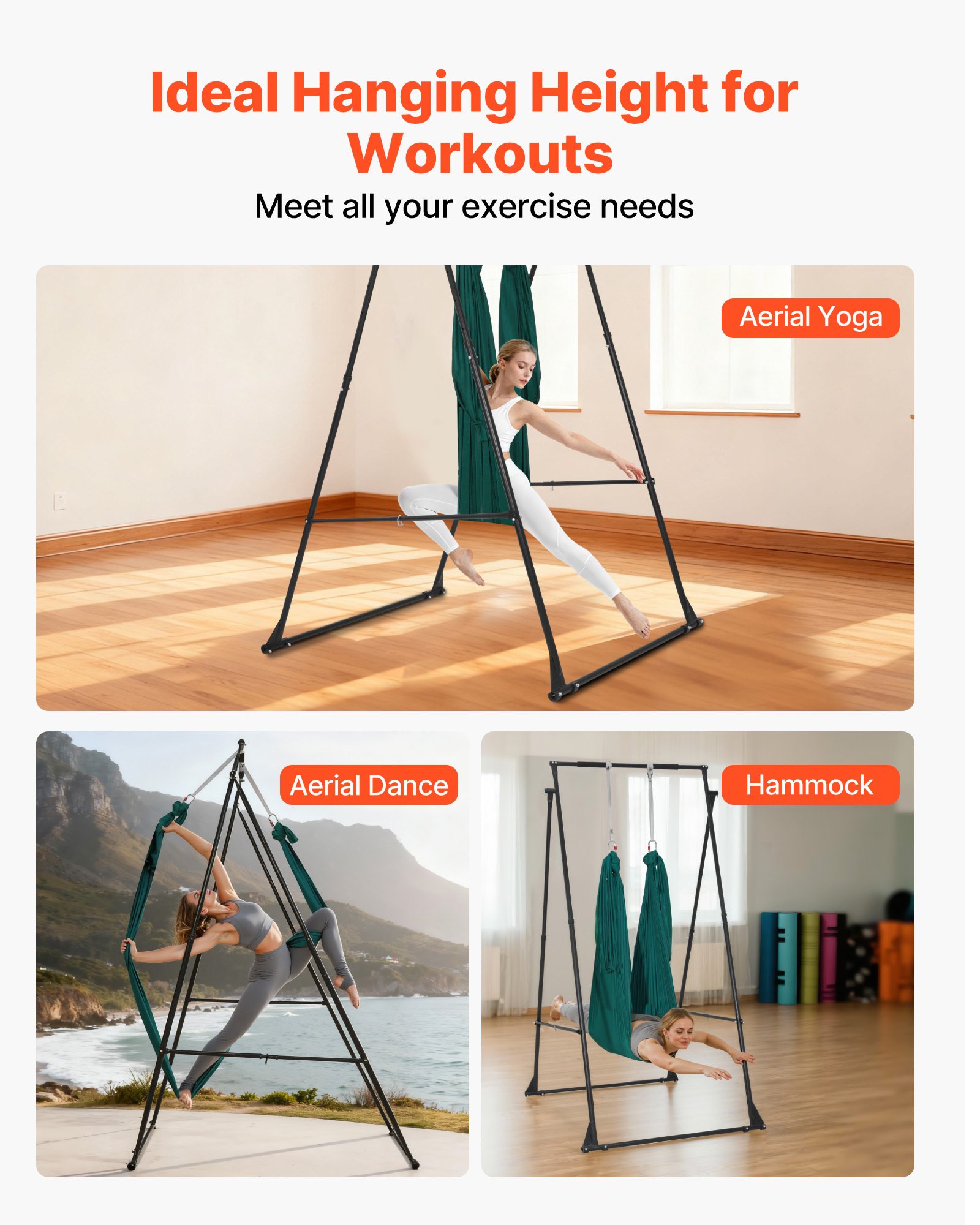 VEVOR Yoga Stand Frame, Max 200 kg Load Swing Stand, Triangular Structure Pull Up Stands, Aerial Silk Stands with EVA Foam & 6m Yoga Hammock, 4-Level Horizontal & 6-Level Vertical Adjustment