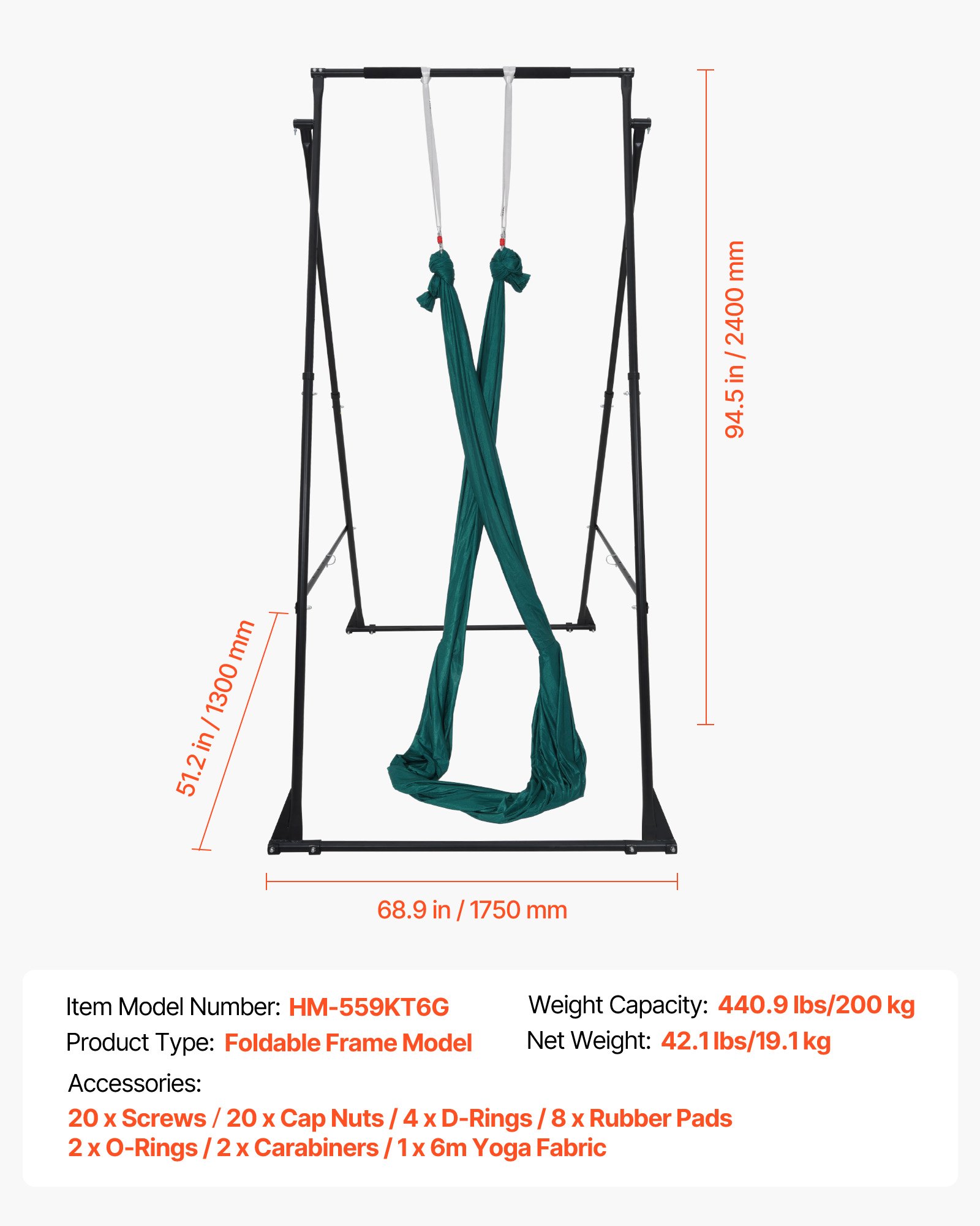 VEVOR Yoga Stand Frame, Max 200 kg Load Swing Stand, Triangular Structure Pull Up Stands, Aerial Silk Stands with EVA Foam & 6m Yoga Hammock, 4-Level Horizontal & 6-Level Vertical Adjustment