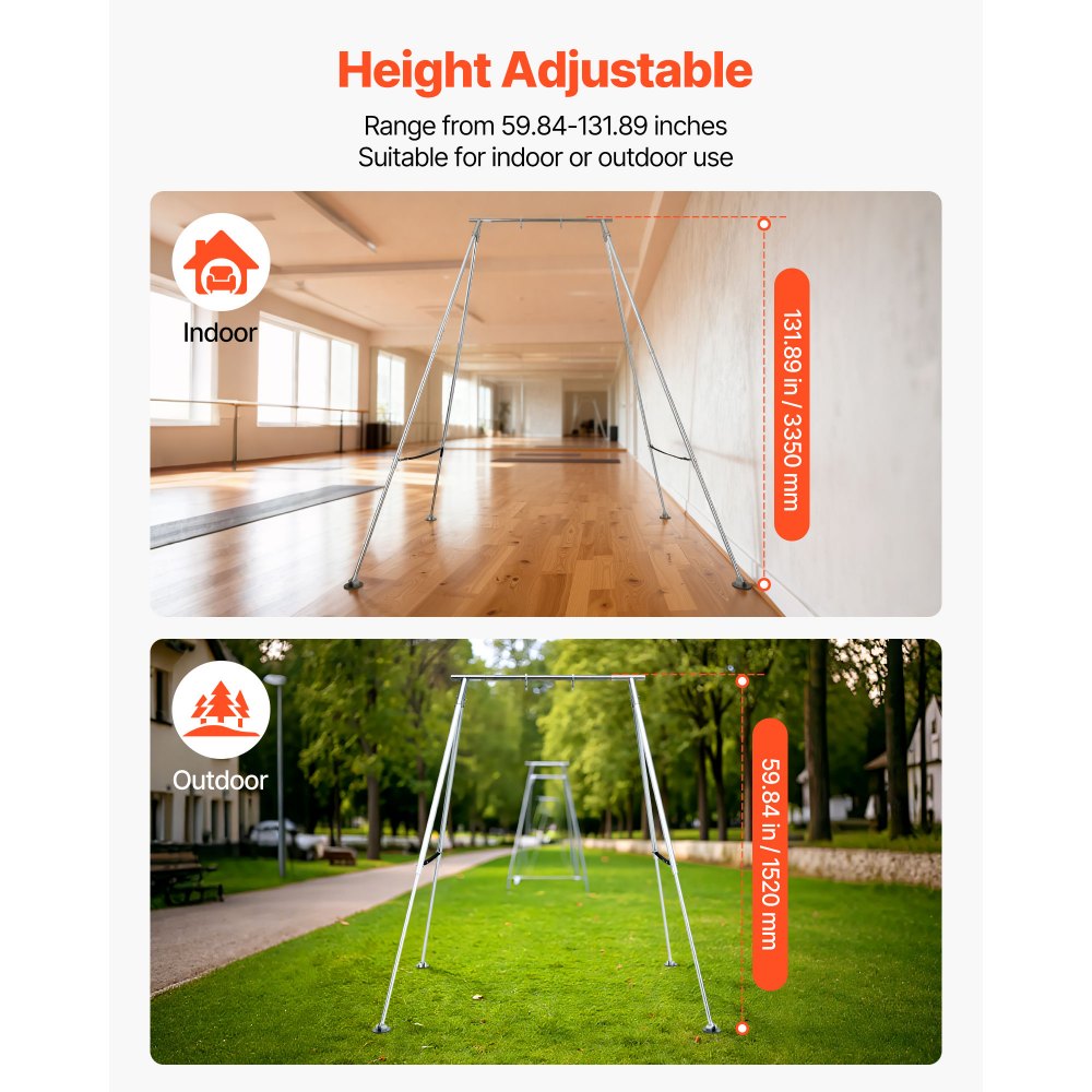 VEVOR Yoga Stand Frame, Max 140.6 kg Load Swing Stand, Triangular Structure Pull Up Stands, Aerial Silk Stands with Height Adjustable & Aluminum Frame Legs, Stainless Steel Top Bar