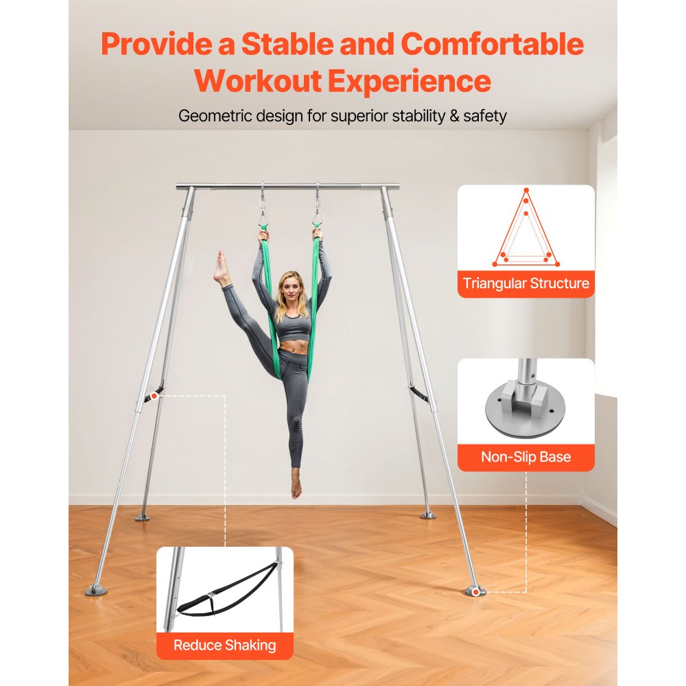 VEVOR Yoga Stand Frame, Max 140.6 kg Load Swing Stand, Triangular Structure Pull Up Stands, Aerial Silk Stands with Height Adjustable & Aluminum Frame Legs, Stainless Steel Top Bar