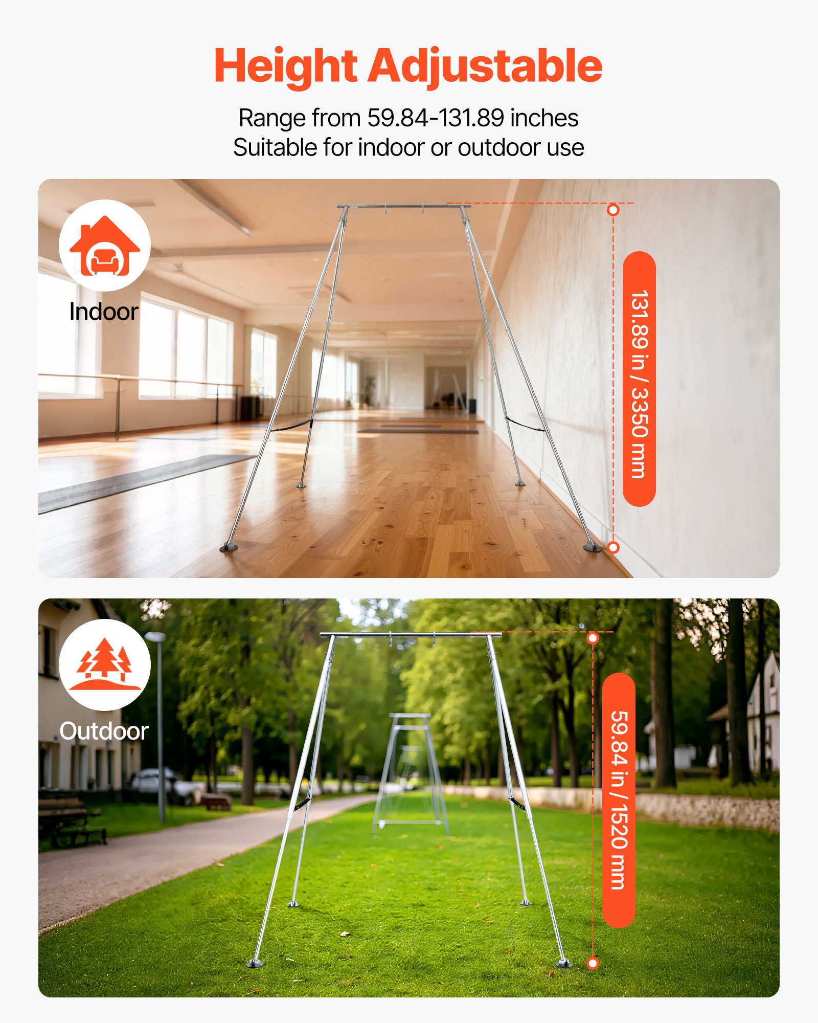 VEVOR Yoga Stand Frame, Max 140.6 kg Load Swing Stand, Triangular Structure Pull Up Stands, Aerial Silk Stands with Height Adjustable & Aluminum Frame Legs, Stainless Steel Top Bar